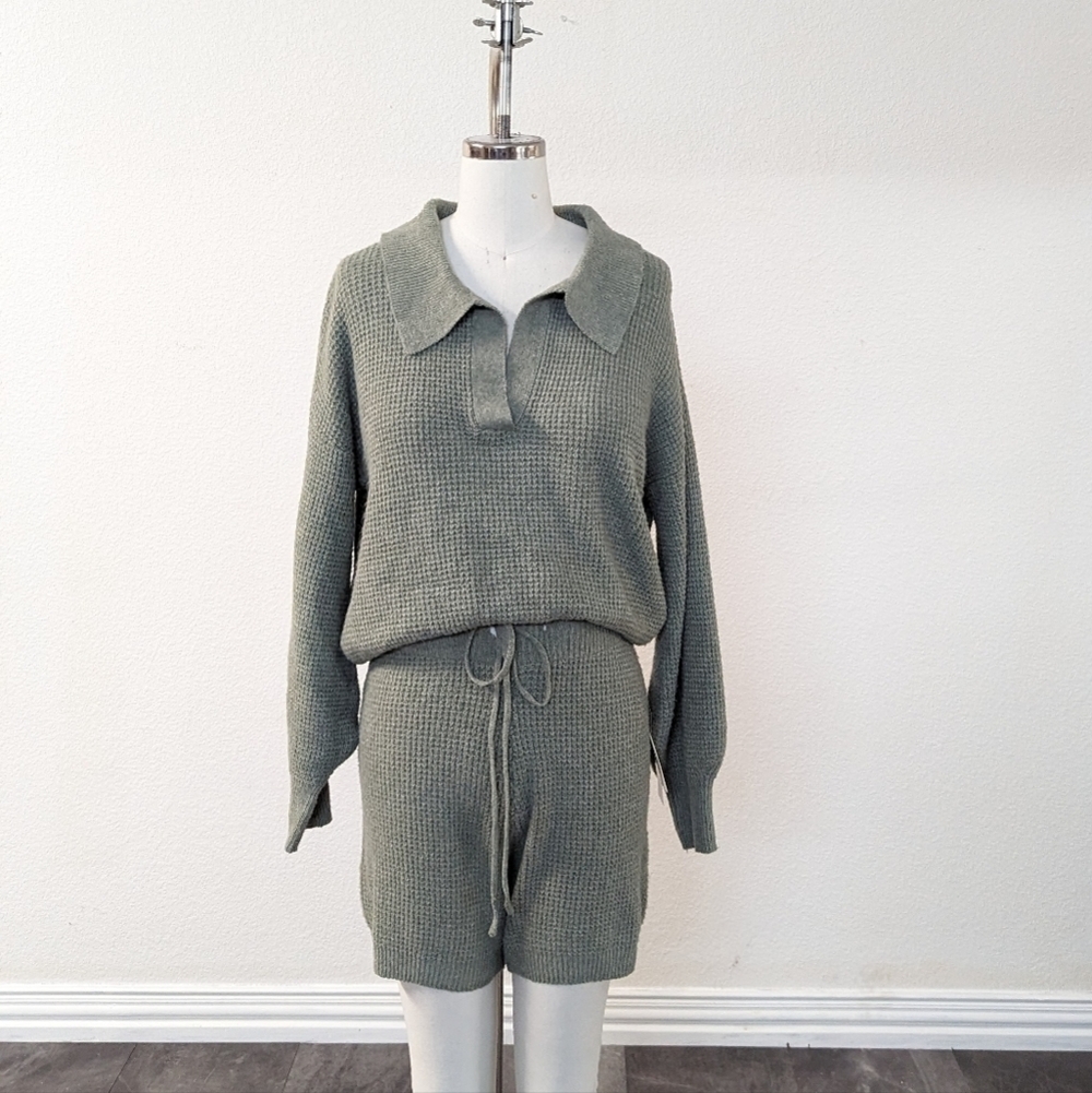 NEW Pink Rose Knit Polo Sweater Short Set Willow Green L leisure fall spring